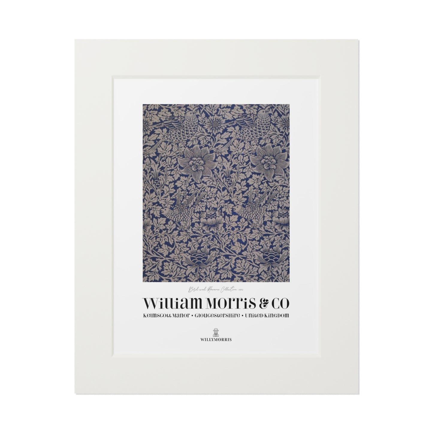 Framed textile sample with William Morris & Co branding on a white background