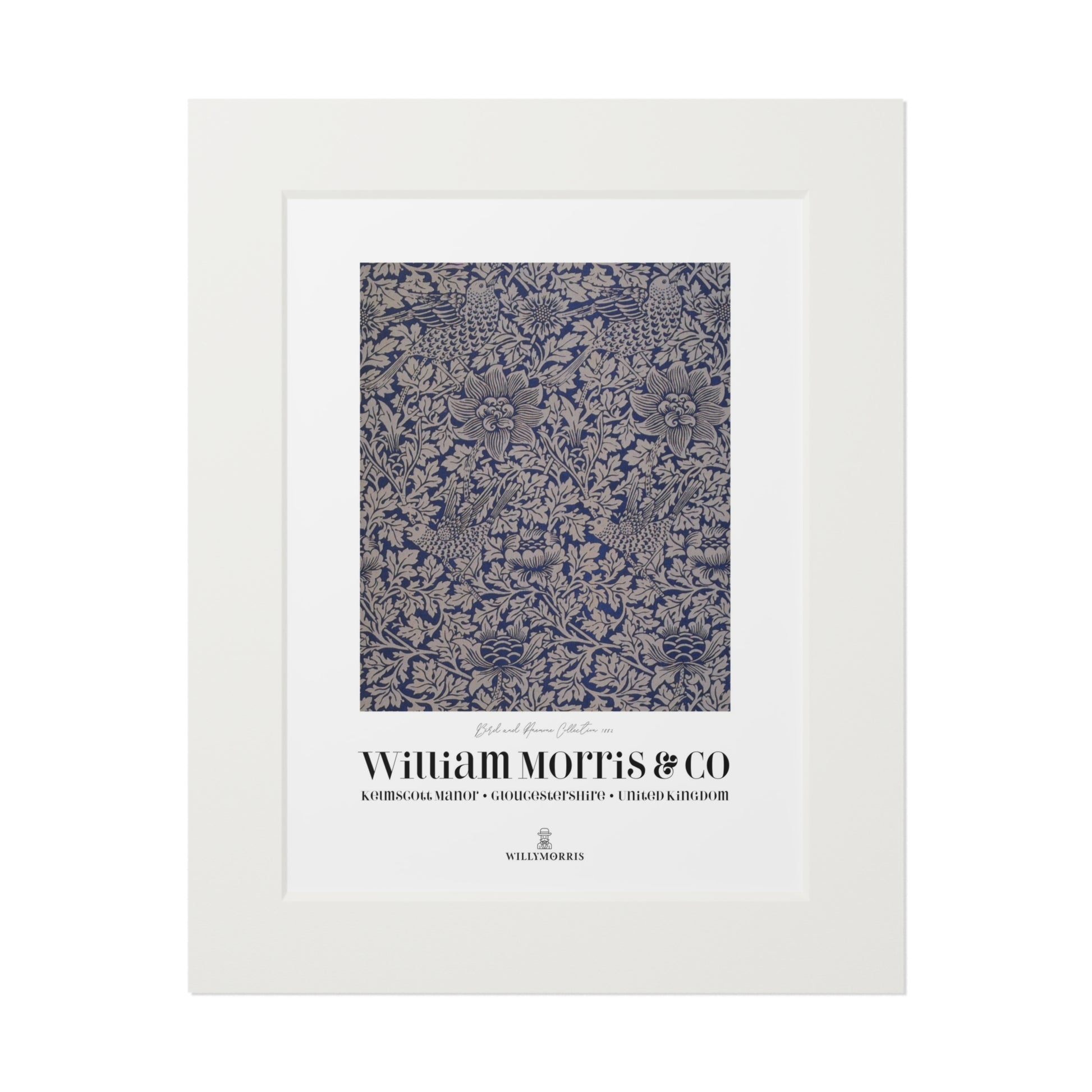 Framed textile sample with William Morris & Co branding on a white background