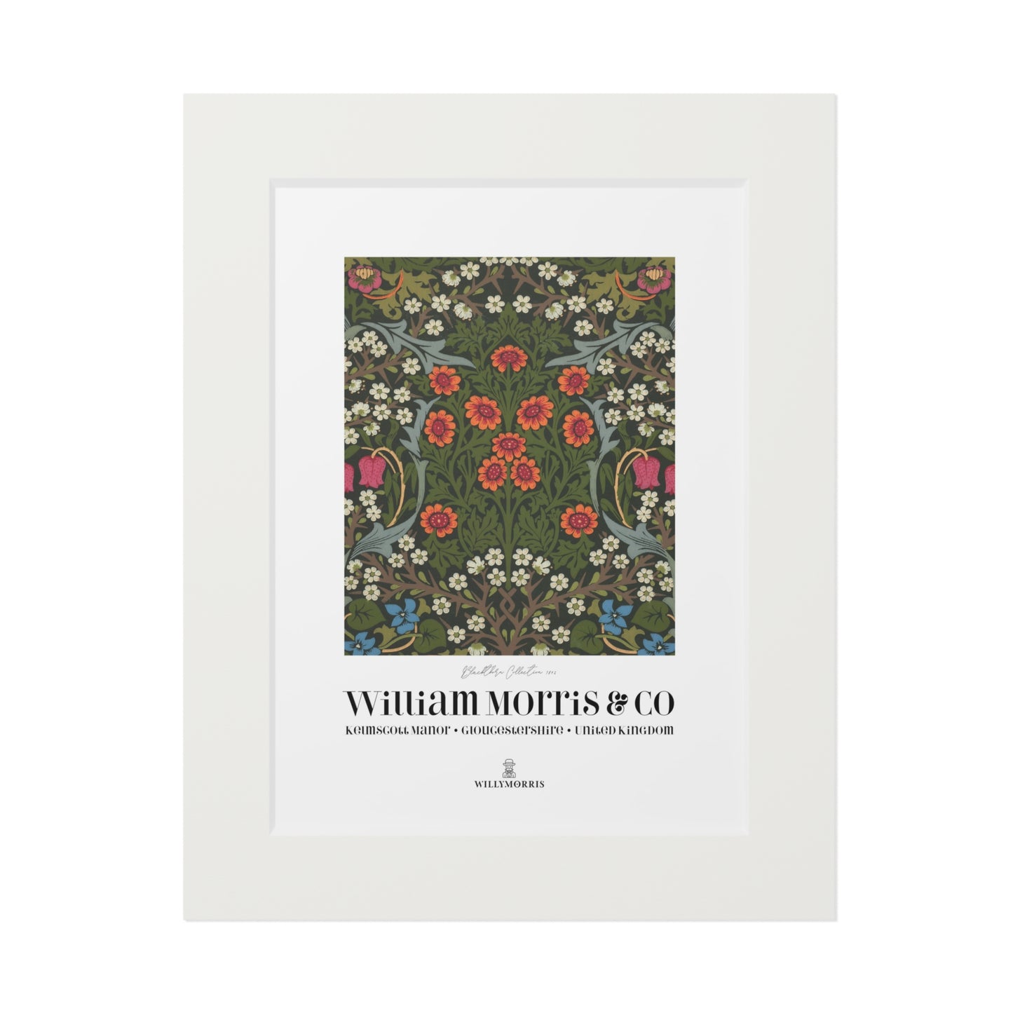 Framed artwork with floral design and 'William Morris & Co' branding on a white background
