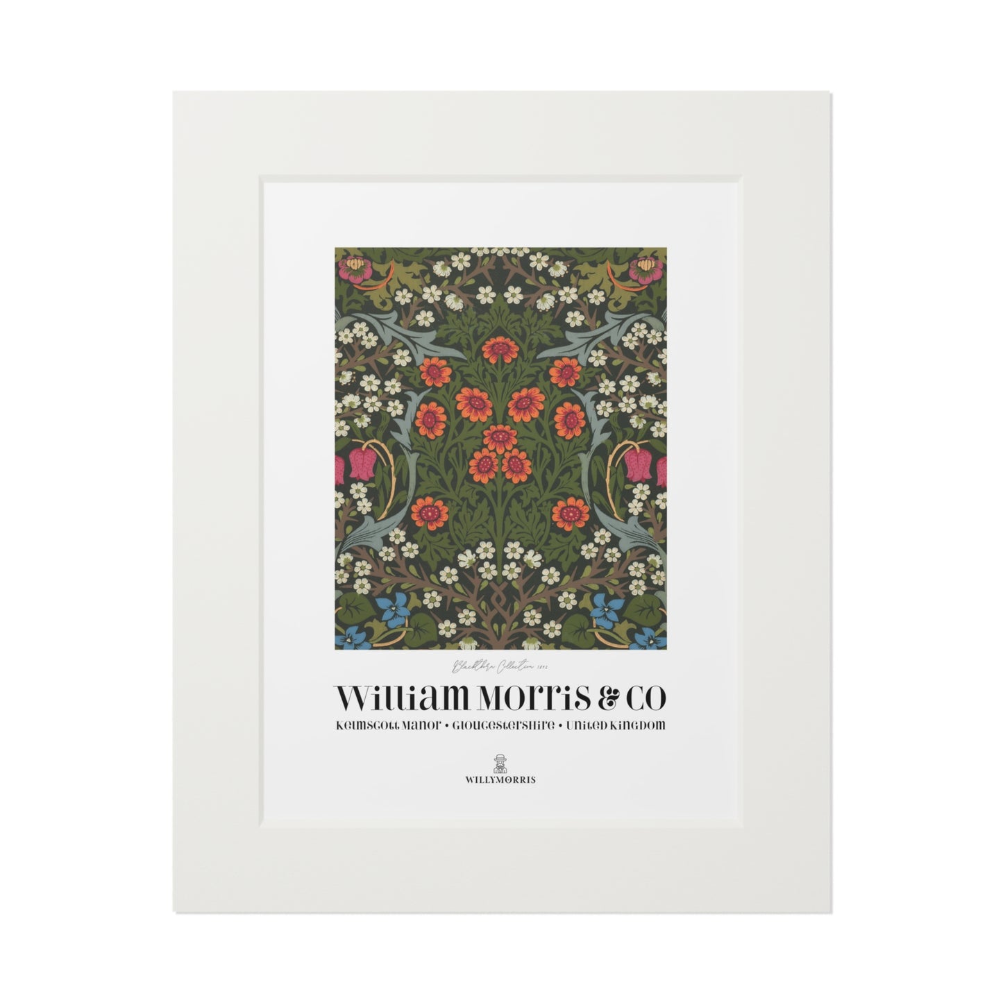 Framed floral pattern with 'William Morris & Co' branding on a white background