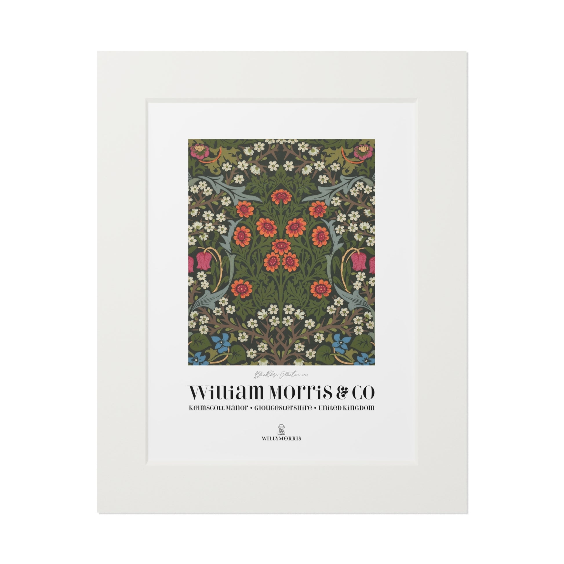 Framed floral pattern with 'William Morris & Co' branding on a white background