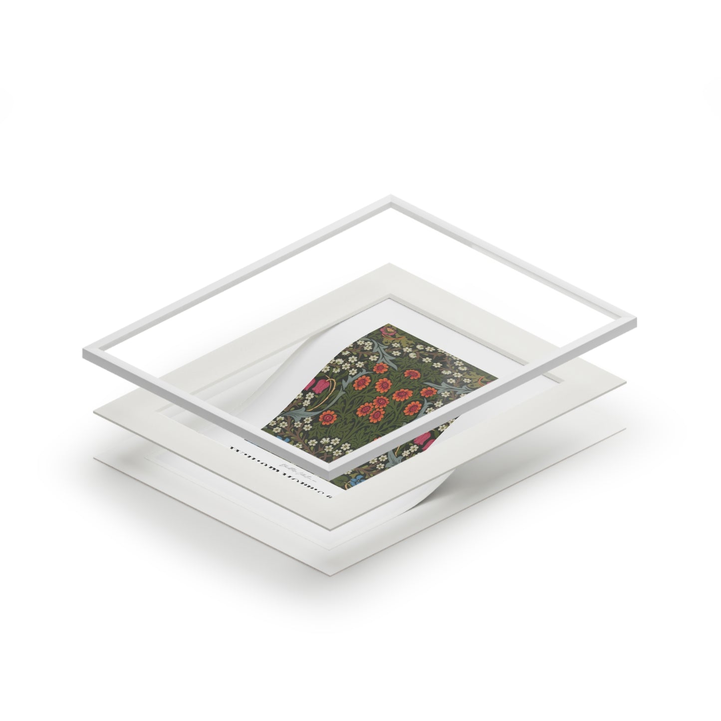 Stack of white photo frames with a green landscape print on a white background