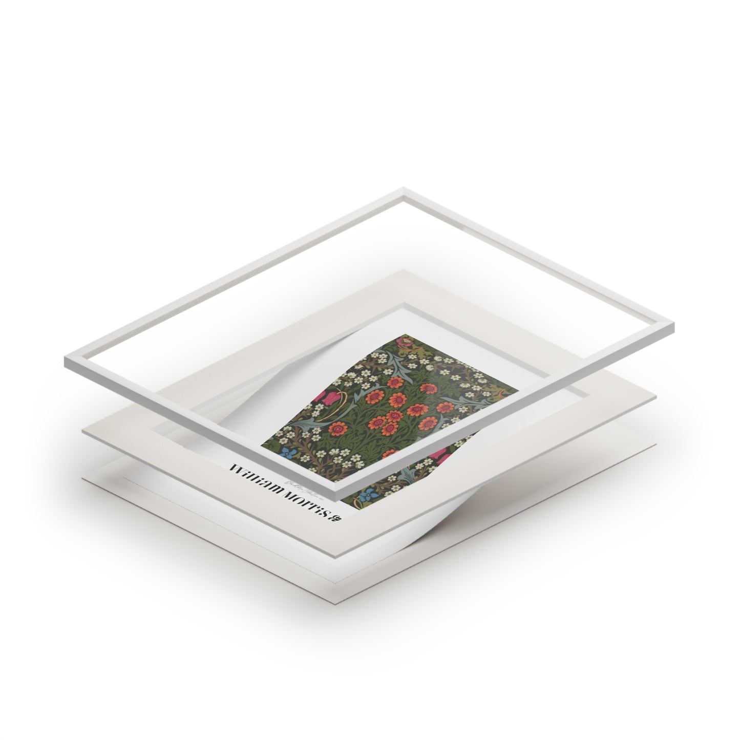 Stack of white photo frames with a floral design on a white background