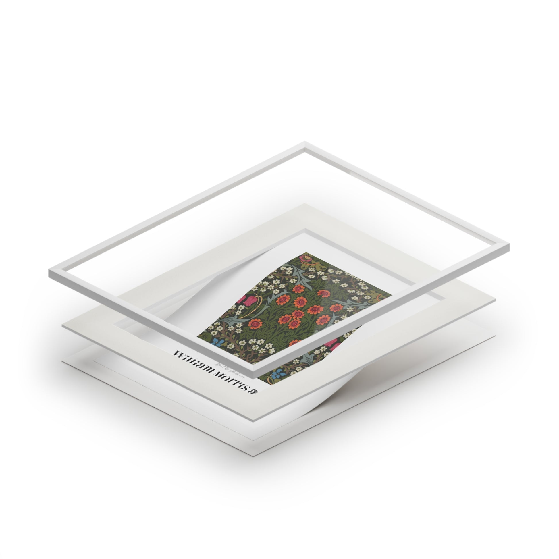 Stack of white photo frames with a floral design on a white background