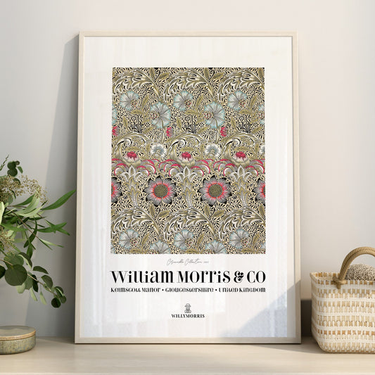Framed artwork with floral design and 'William Morris & Co' branding on a light background.