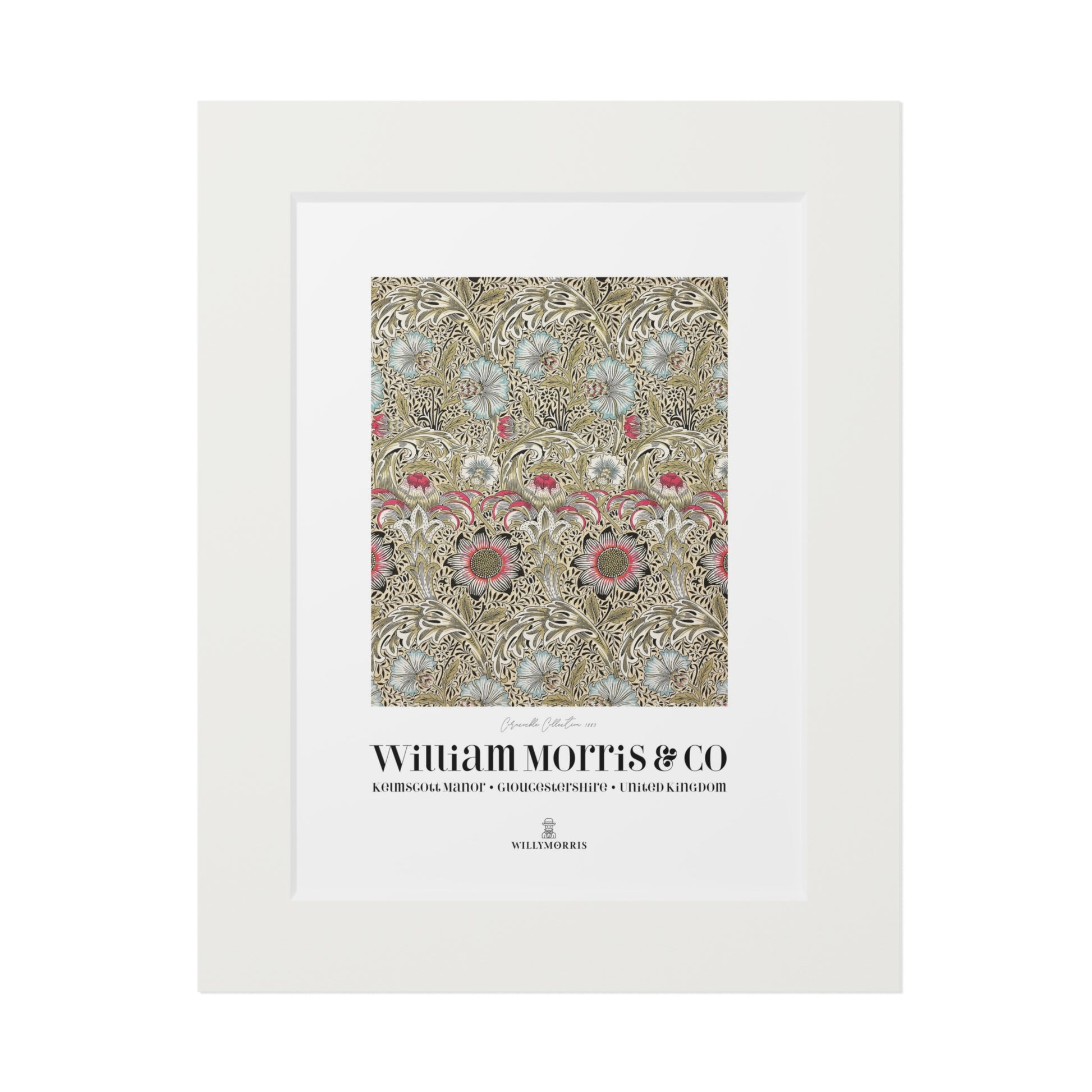 Framed decorative print with intricate pattern and 'William Morris & Co' branding.