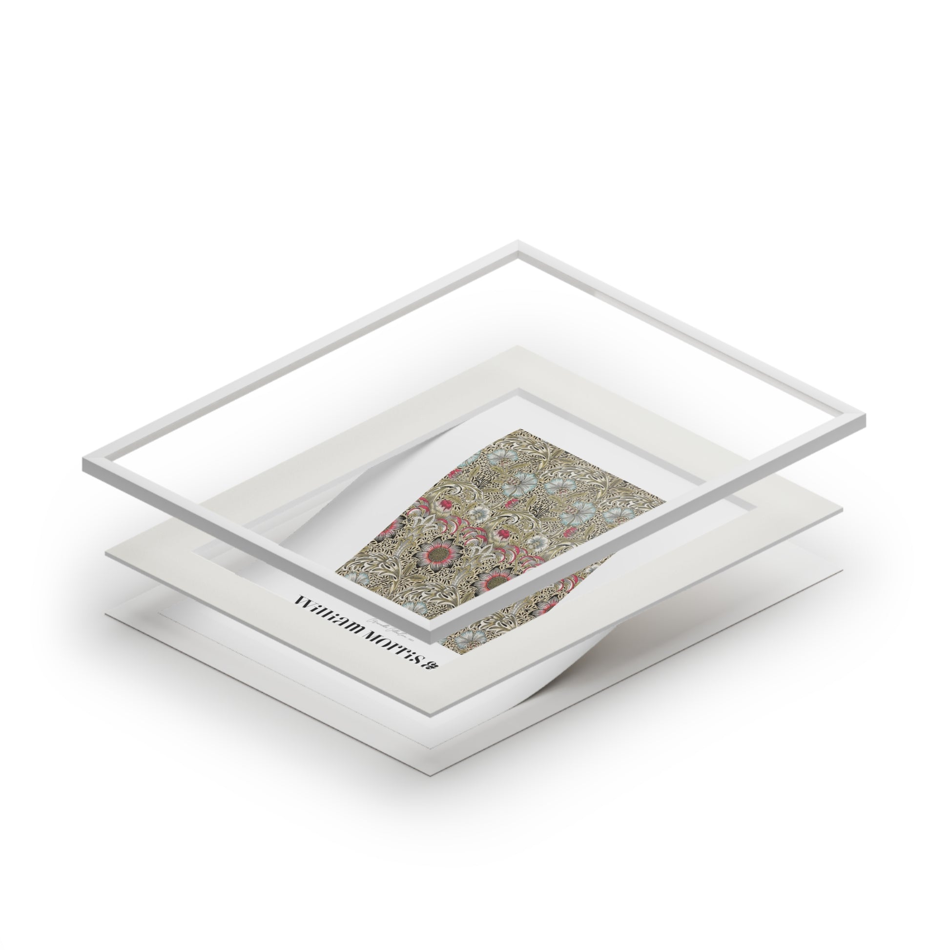 Stack of white trays with a floral patterned tray on top, on a white background