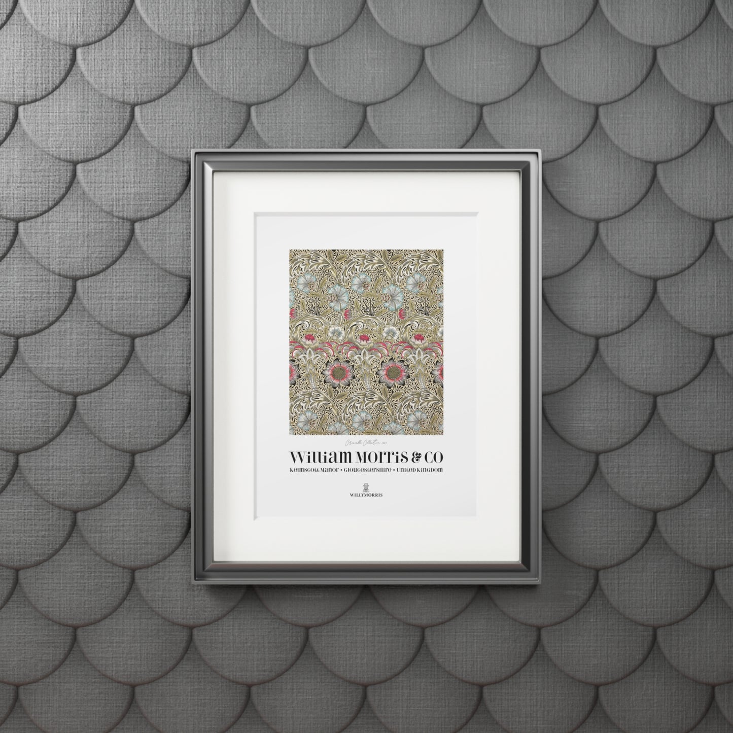 Framed artwork with a pattern on a textured gray wall