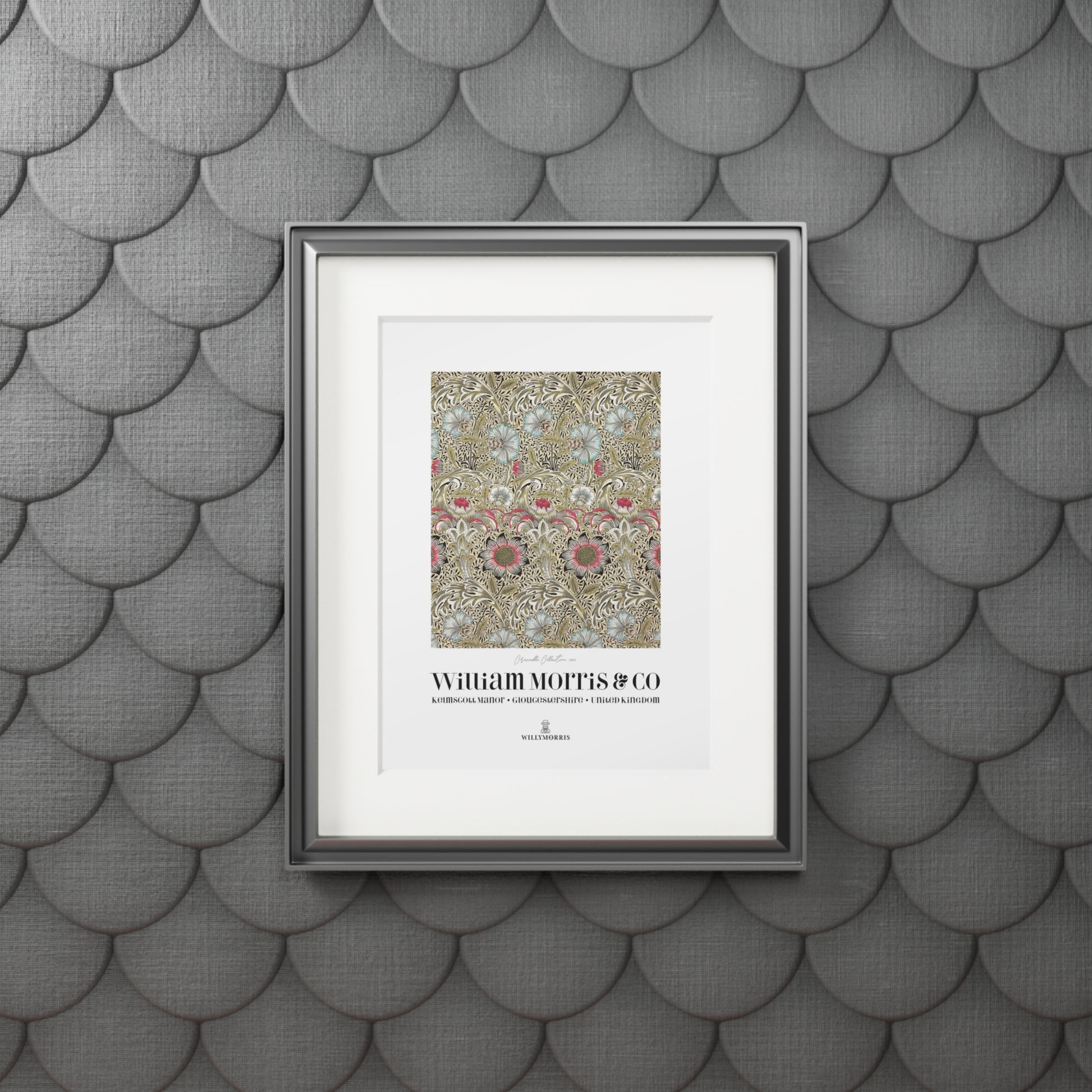 Framed artwork with a pattern on a textured gray wall