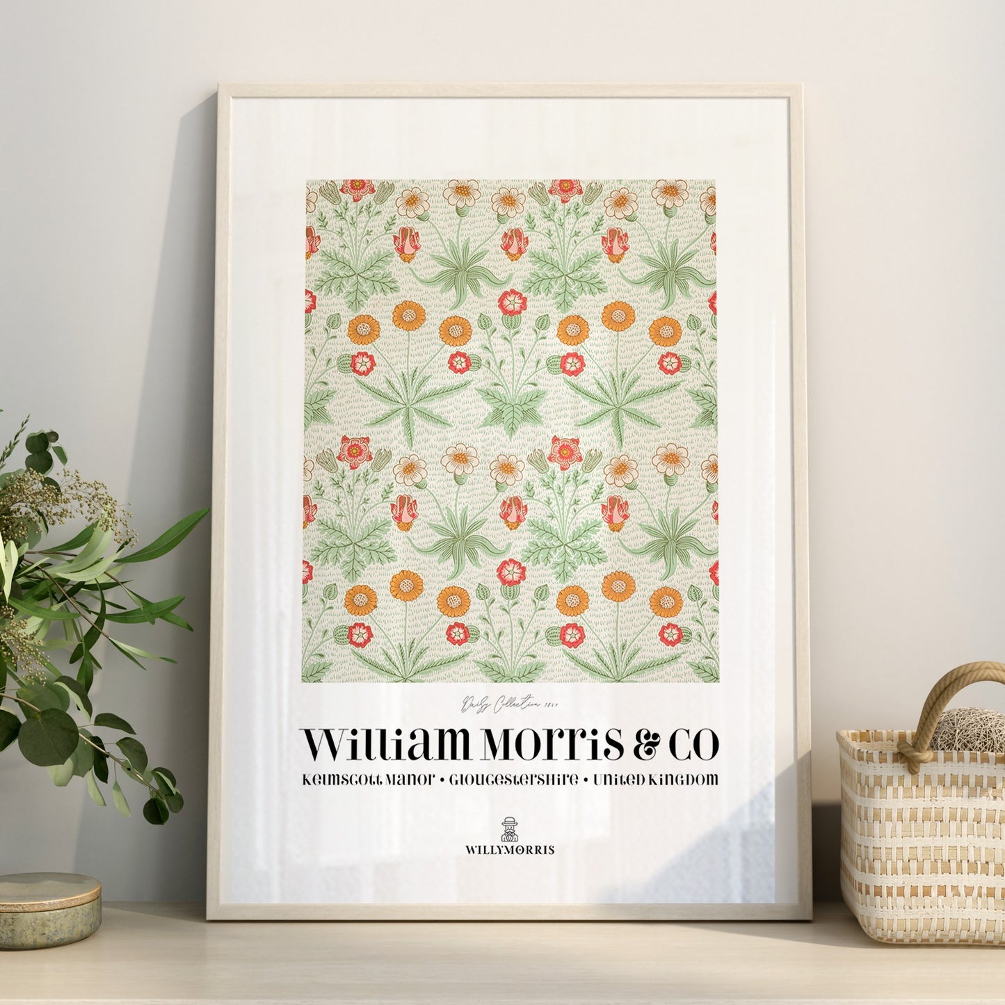 Framed floral pattern poster with 'William Morris & Co' branding on a light background.