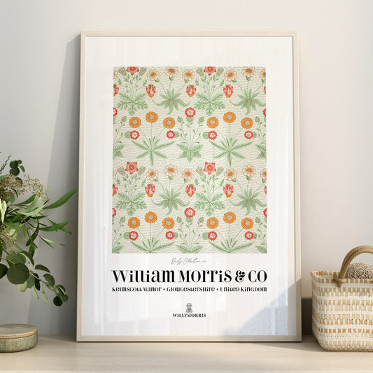 Framed floral pattern poster with 'William Morris & Co' branding on a light background.