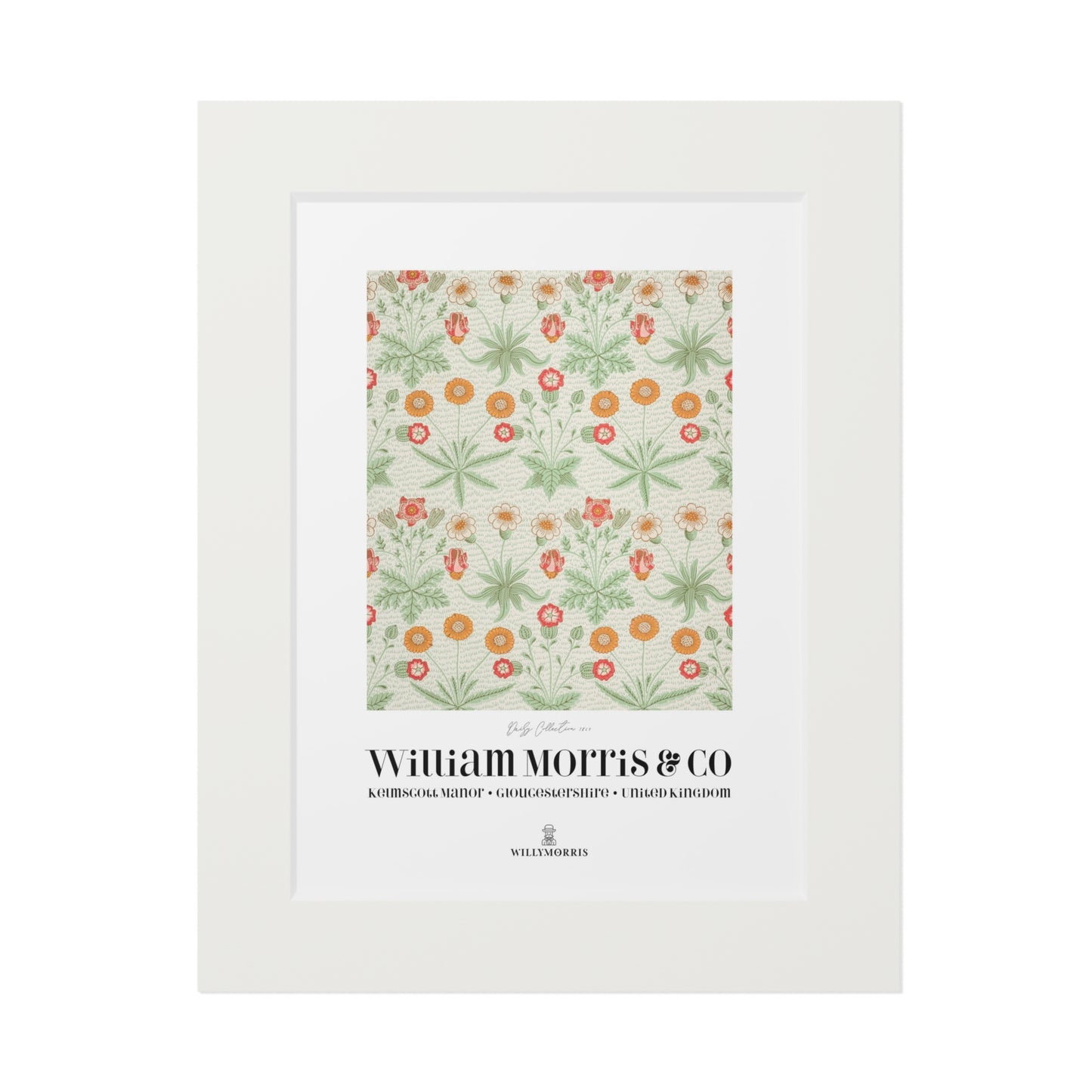 Framed floral pattern with 'William Morris & Co' branding on a white background