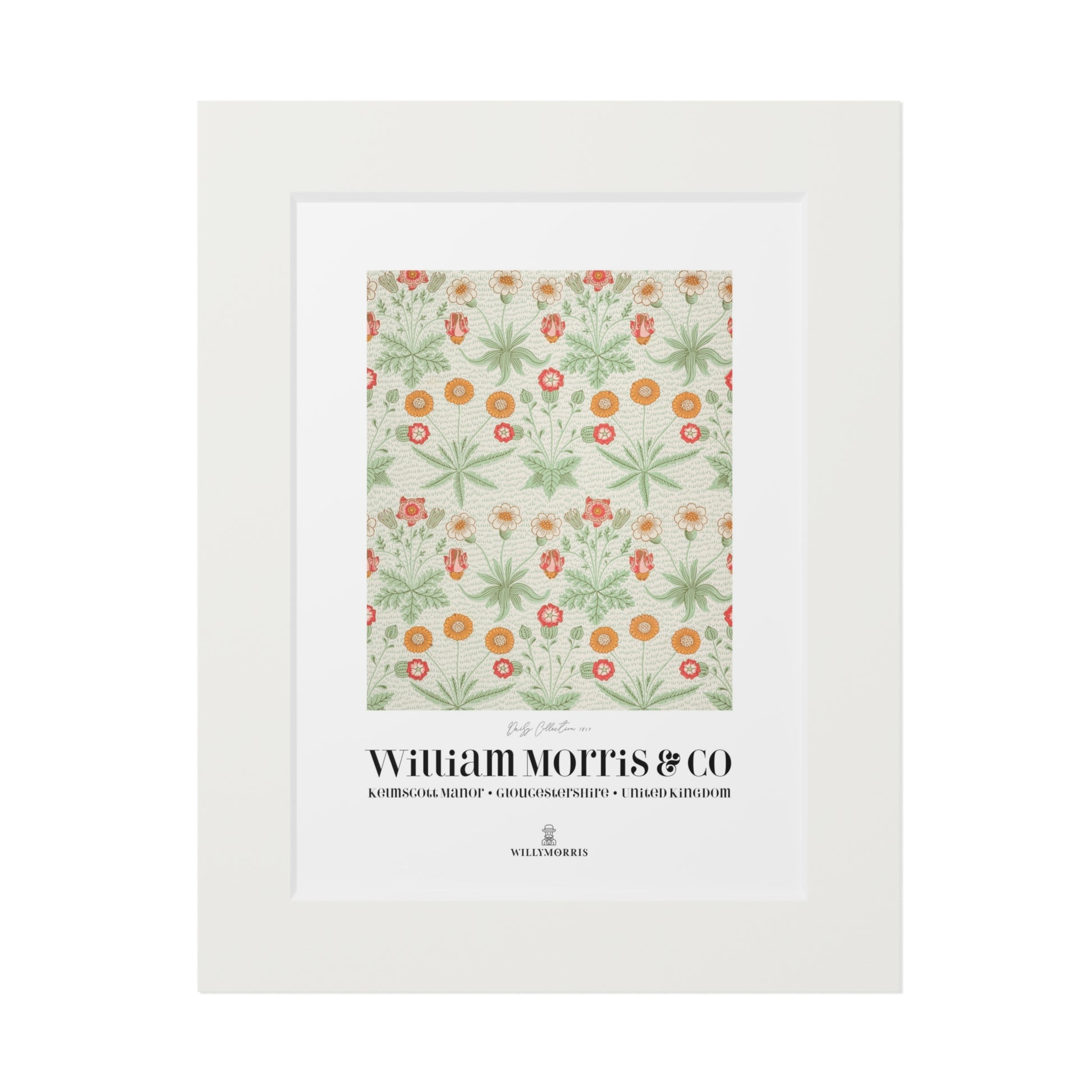 Framed floral pattern with 'William Morris & Co' branding on a white background