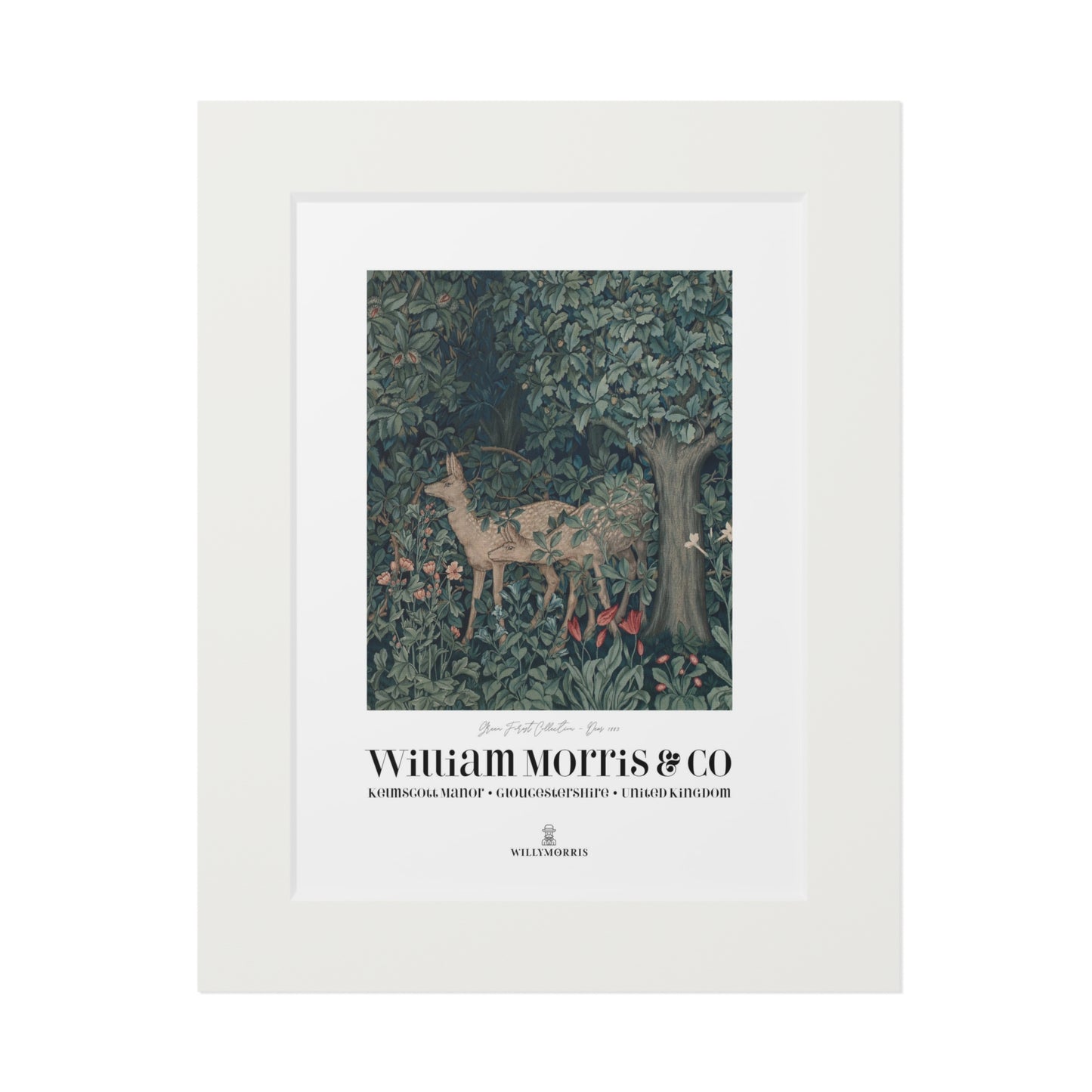 Framed artwork with a deer in a forest design and 'William Morris & Co' branding.