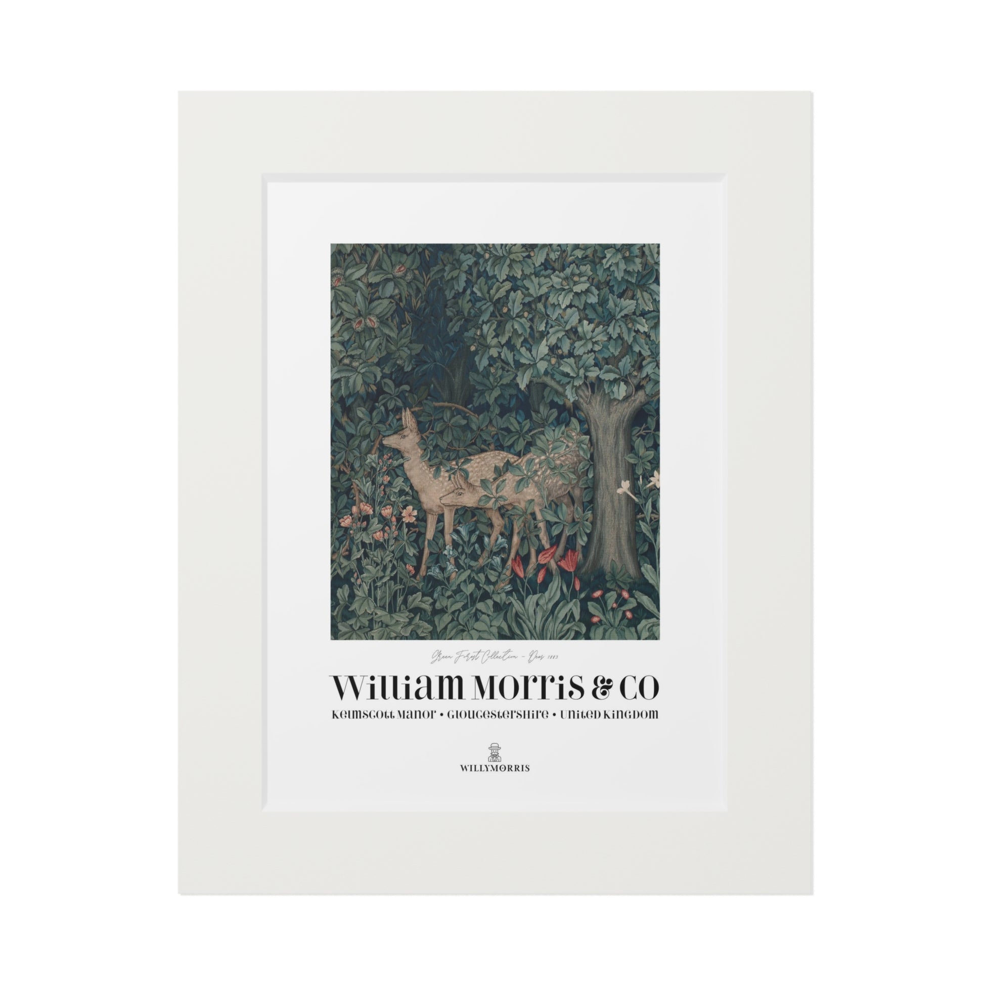 Framed artwork with a deer in a forest design and 'William Morris & Co' branding.