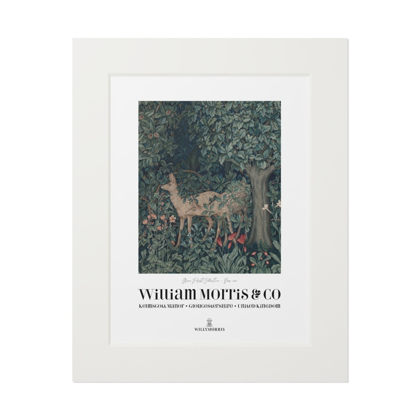 Framed artwork with a deer in a forest design and 'William Morris & Co' branding.