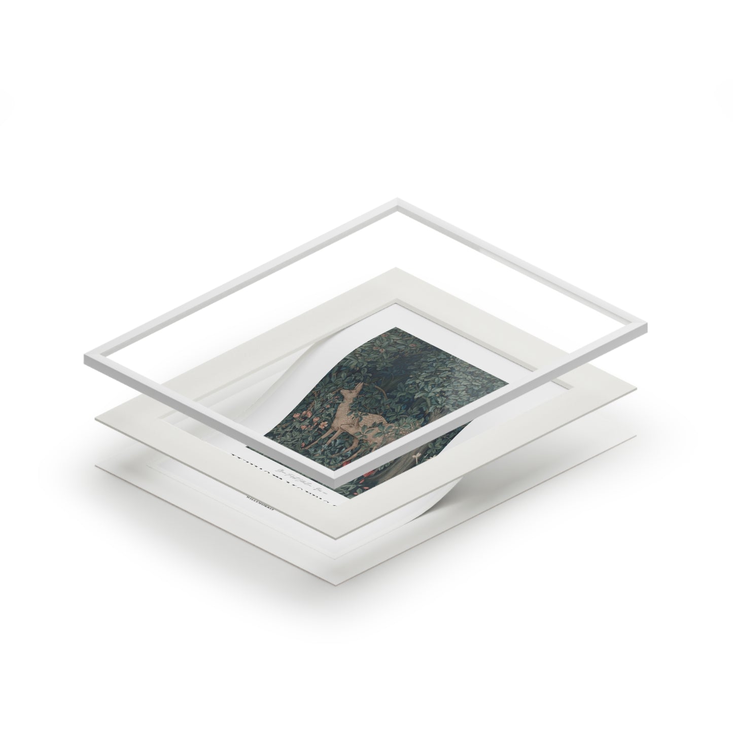 Stack of white photo frames with a green landscape print on a white background
