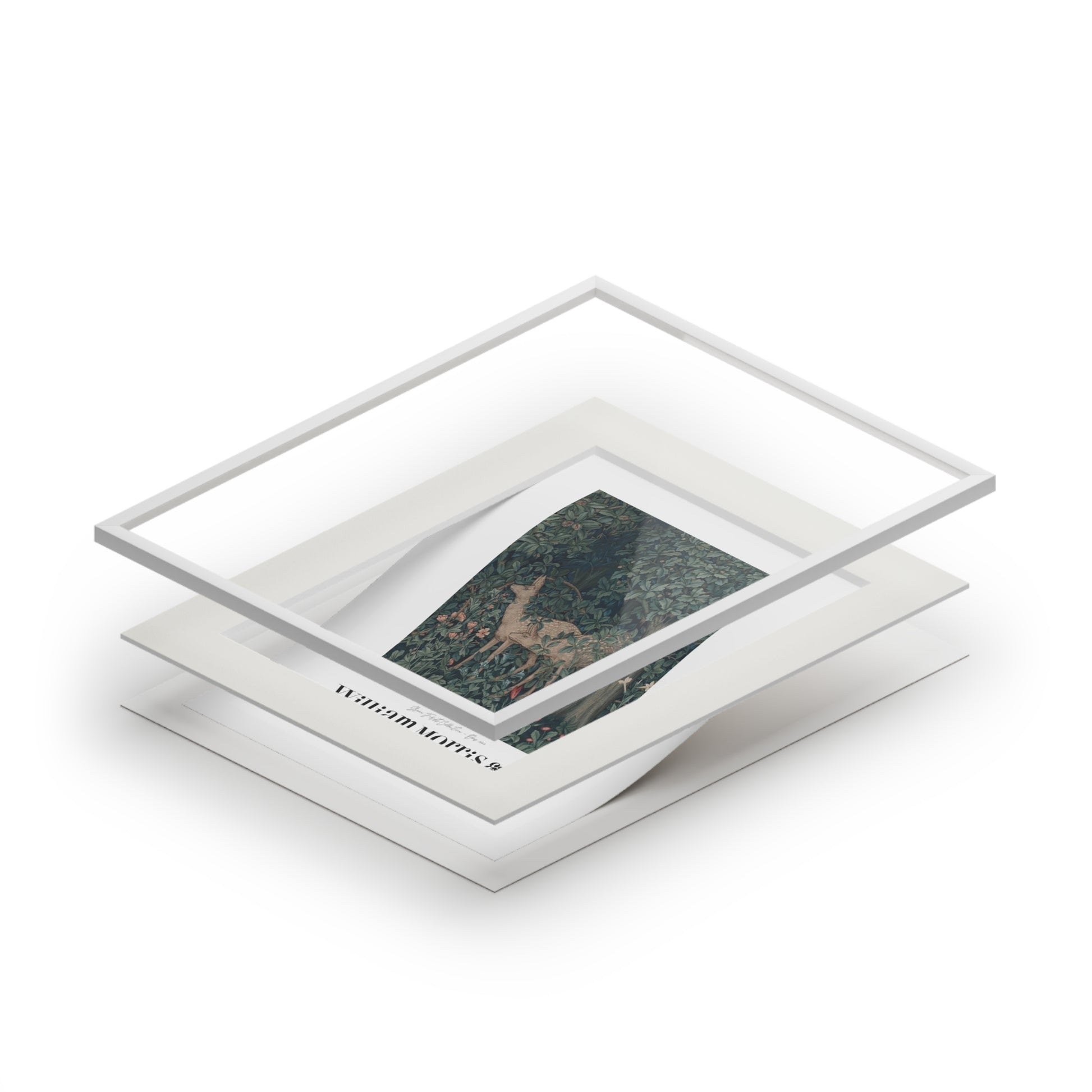 Stack of white photo frames with a textured stone inside one frame on a white background