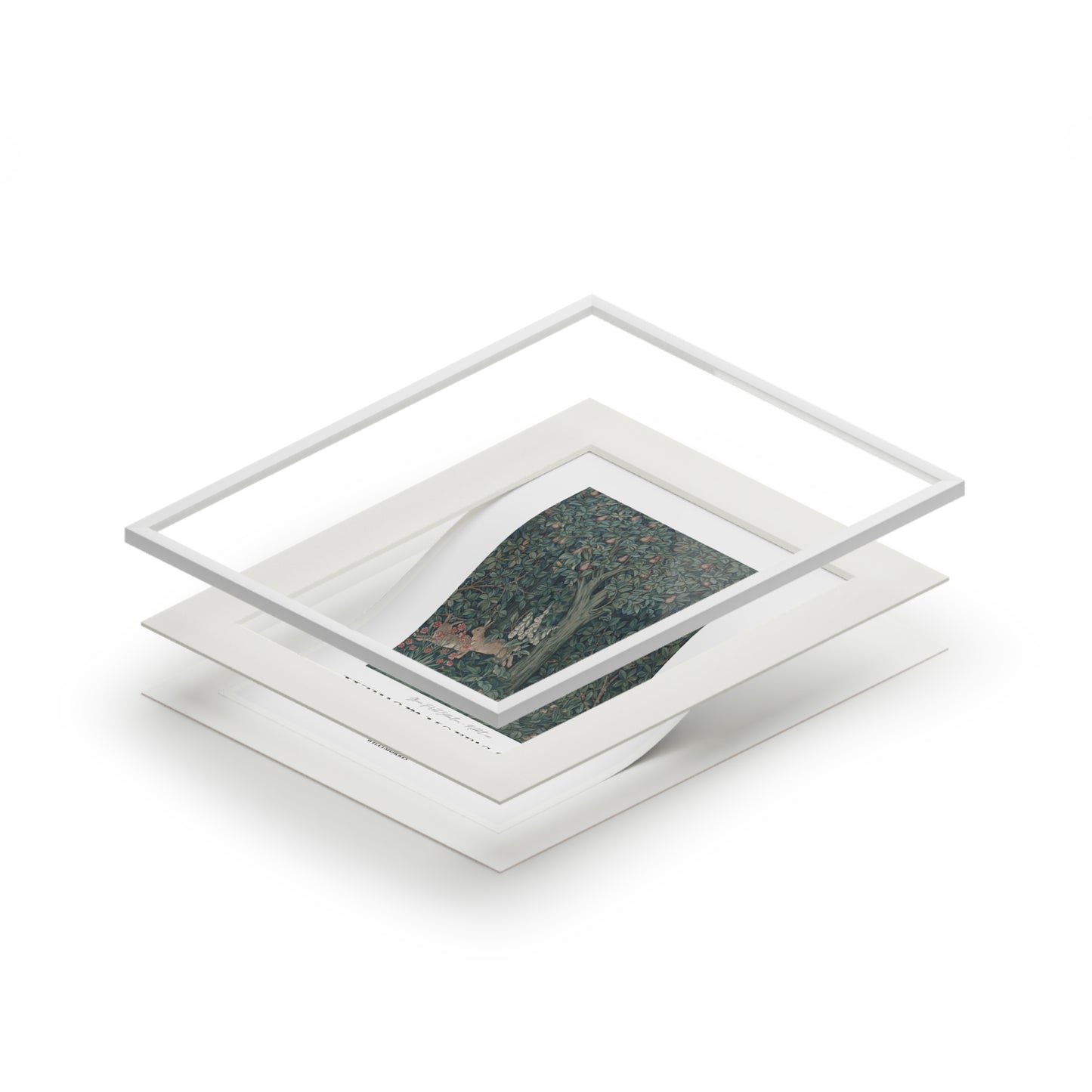 Stack of white photo frames with a green landscape print on a white background