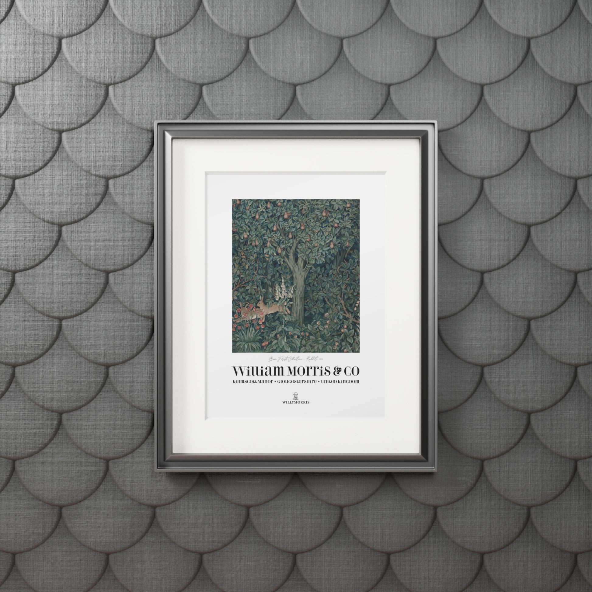 Framed artwork with 'William Morris & Co' on a textured gray wall.