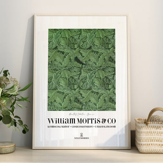 Framed green patterned poster with 'William Morris & Co' branding on a light gray wall.