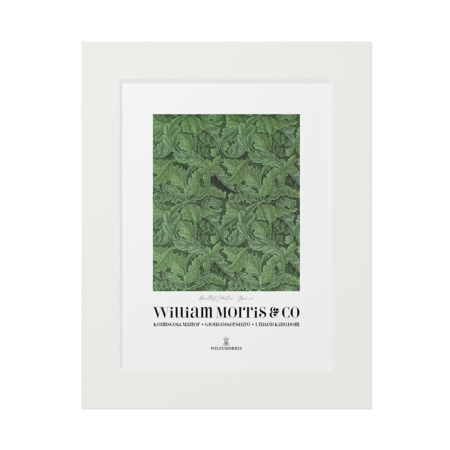 Framed artwork with green pattern and 'William Morris & Co' branding on a white background