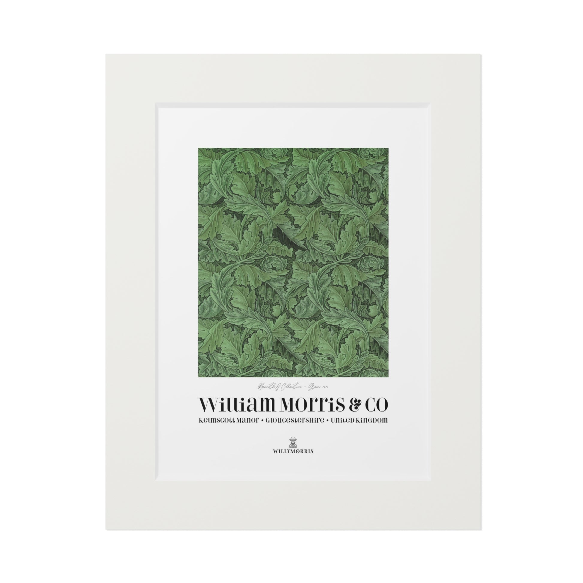 Framed artwork with green pattern and 'William Morris & Co' branding on a white background