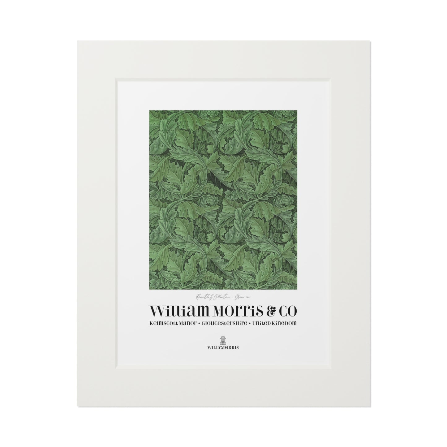 Framed artwork with green pattern and 'William Morris & Co' branding on a white background