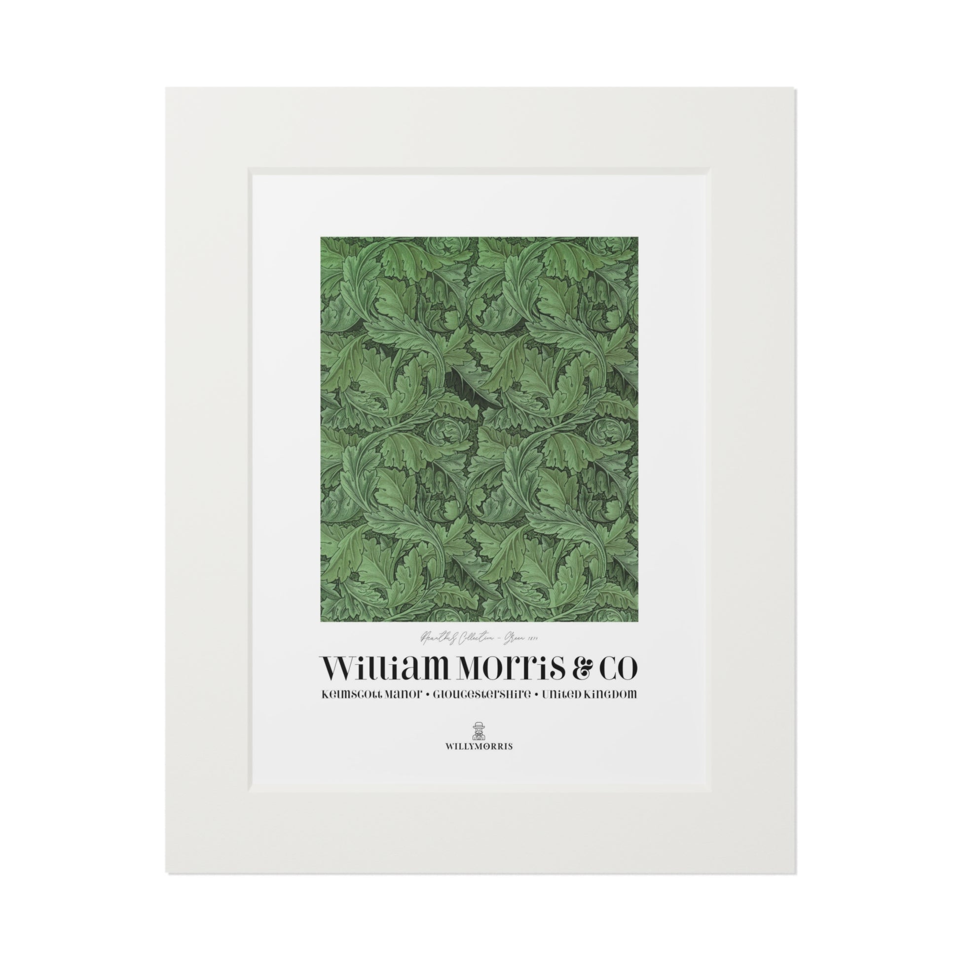 Framed artwork with green pattern and 'William Morris & Co' branding on a white background