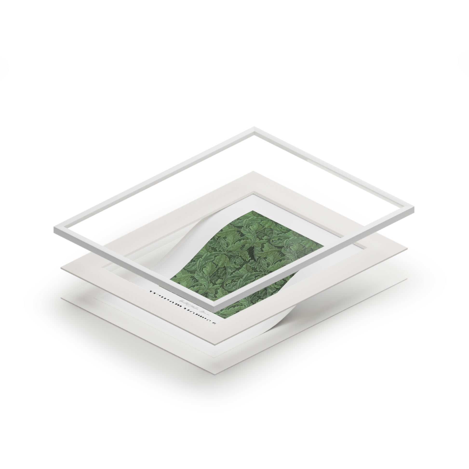 Stack of white photo frames with a green landscape print on a white background