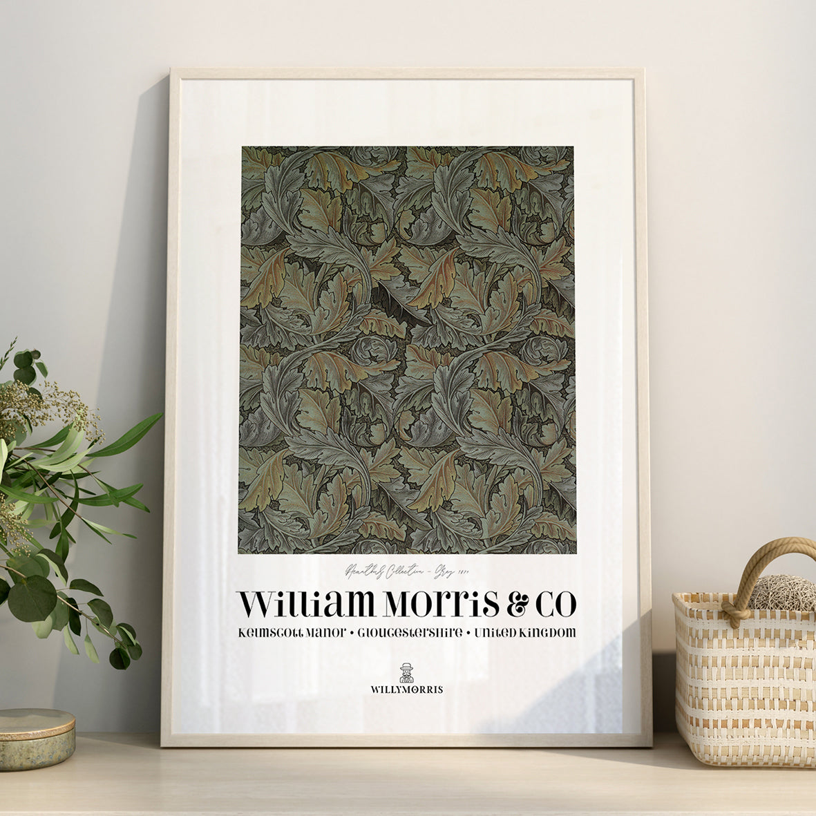 Framed artwork with a pattern and 'William Morris & Co' branding on a wall.