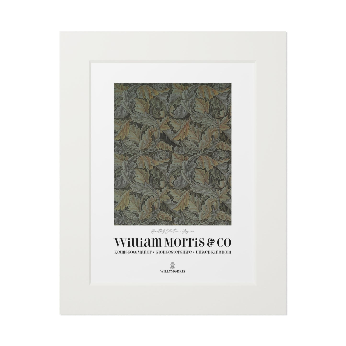 Framed textile sample with a pattern and 'William Morris & Co' branding on a white background