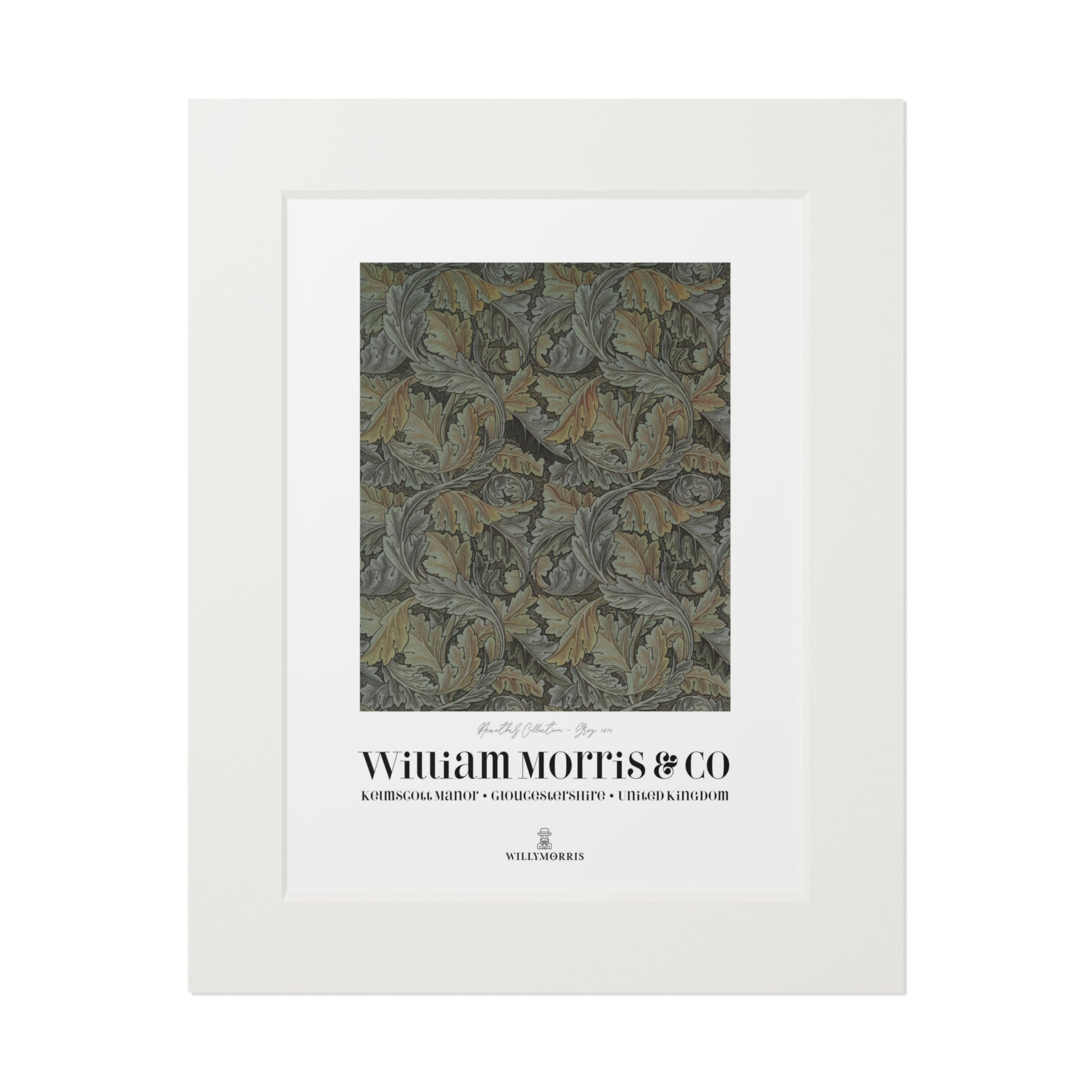 Framed textile sample with a pattern and 'William Morris & Co' branding on a white background