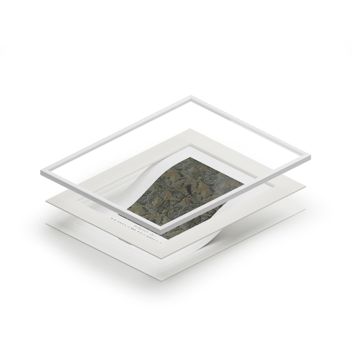 Stack of white photo frames with a green landscape print on a white background