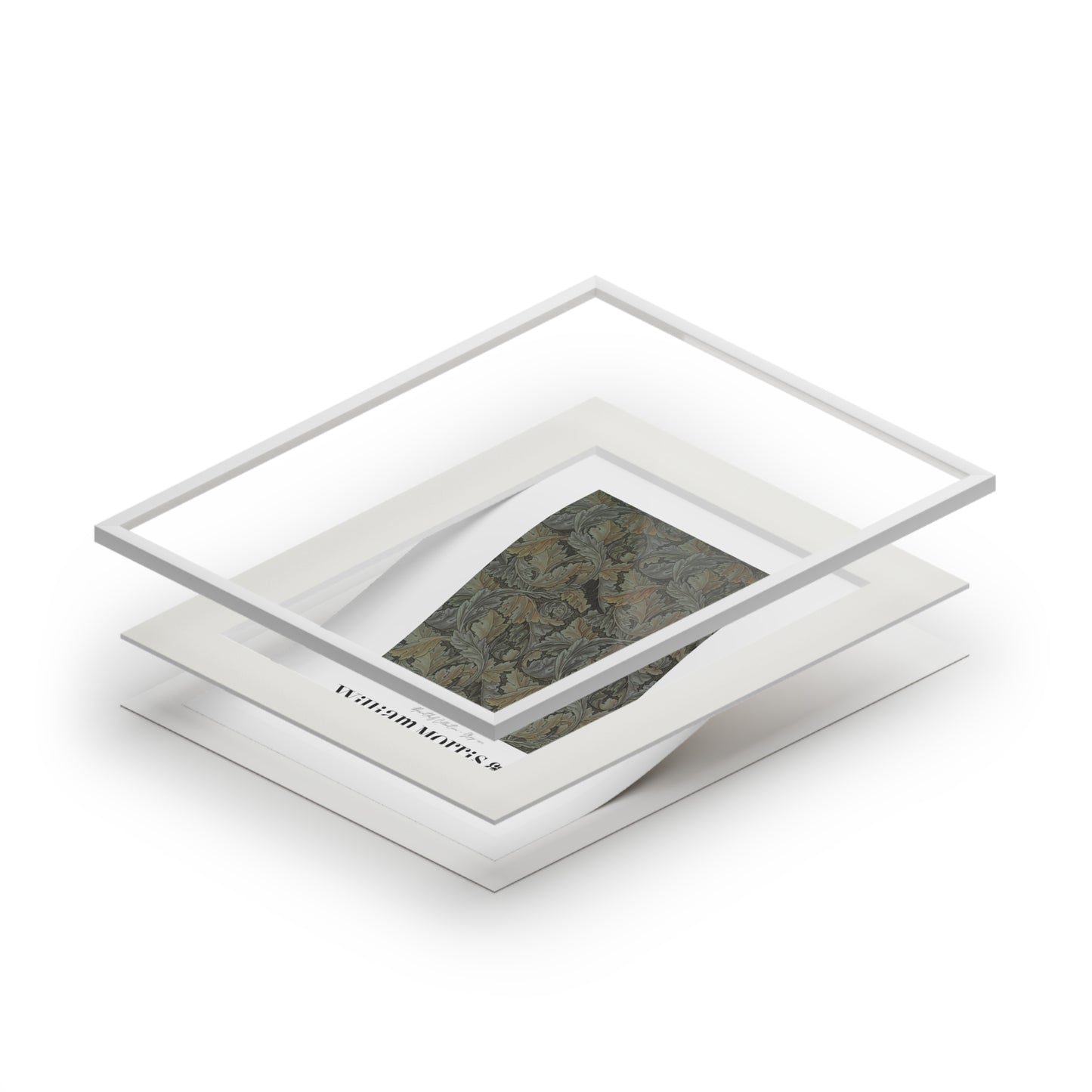 Stack of white photo frames with a textured stone inside one frame on a white background