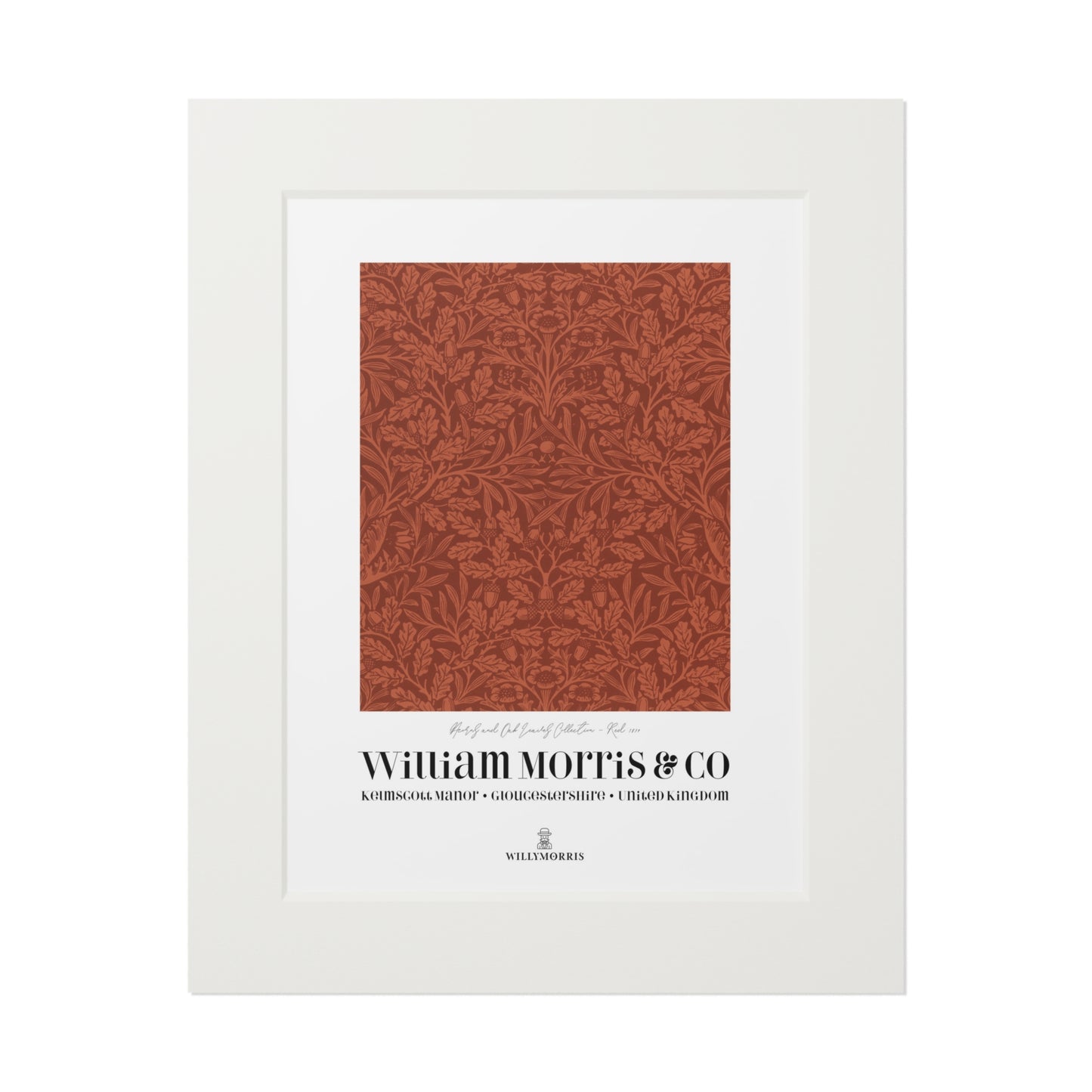 Framed artwork with a red pattern and 'William Morris & Co' branding on a white background
