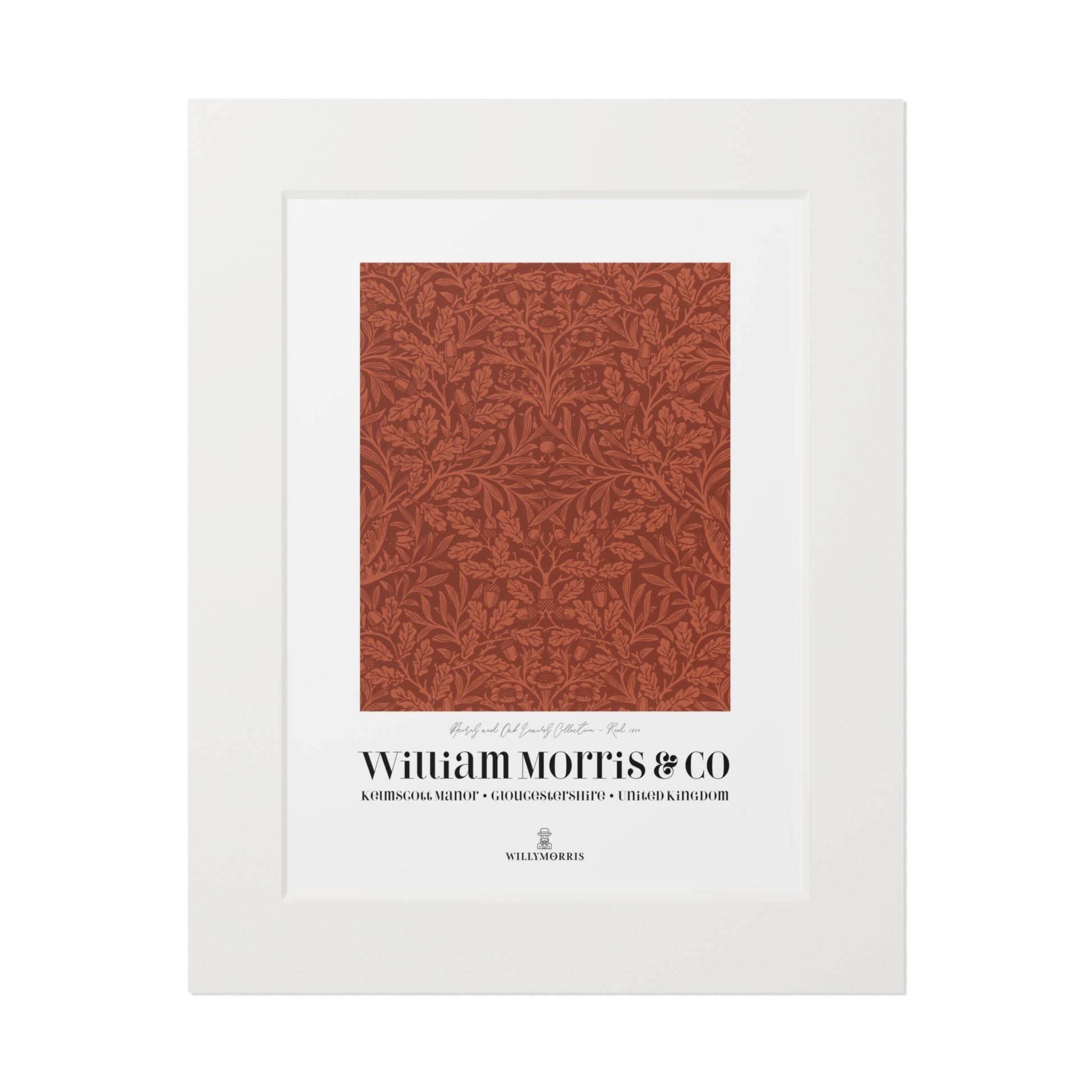 Framed artwork with a red pattern and 'William Morris & Co' branding on a white background