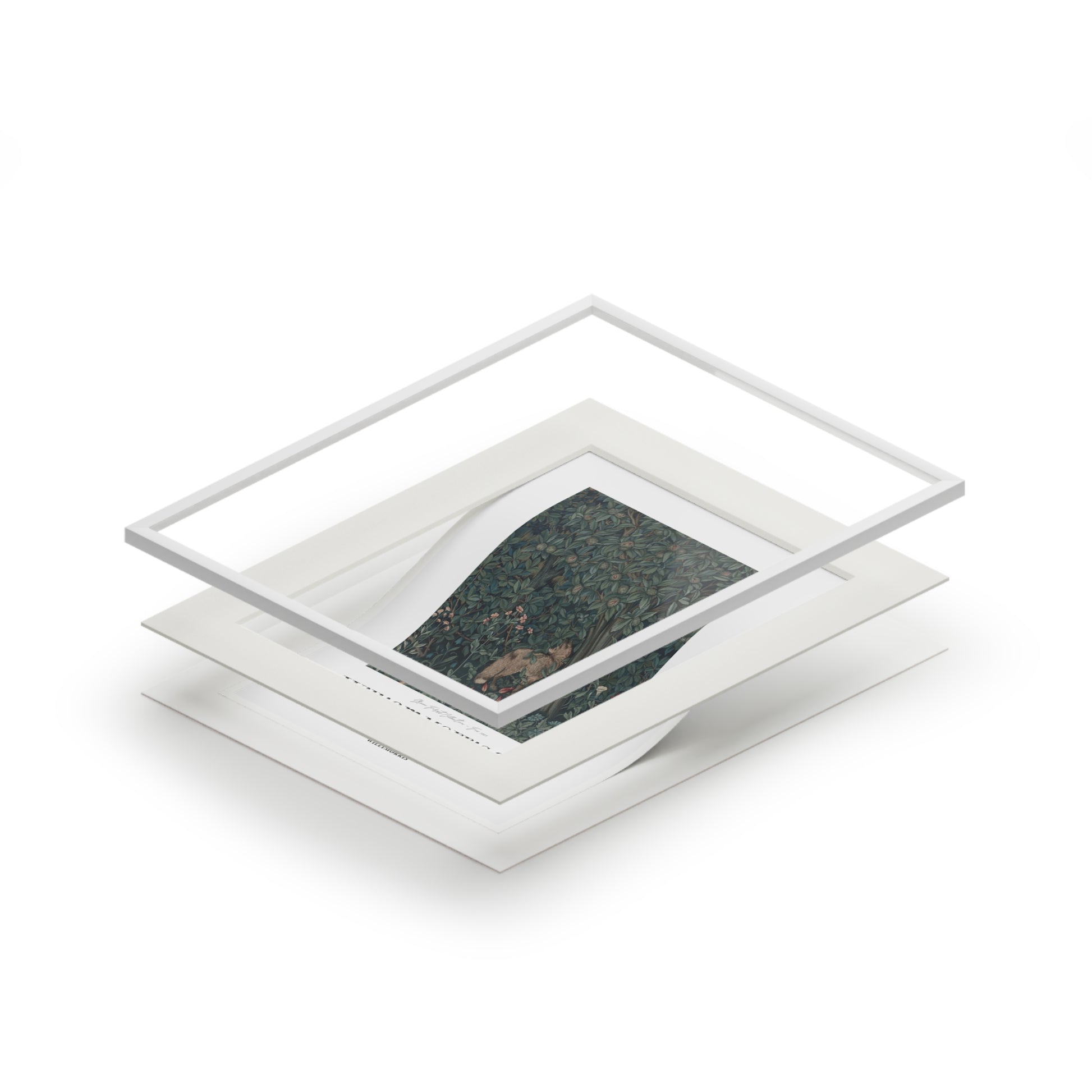 Stack of white photo frames with a green landscape print on a white background