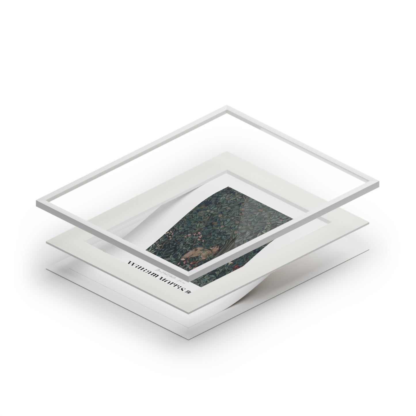 Stack of white photo frames with a textured stone inside one frame on a white background