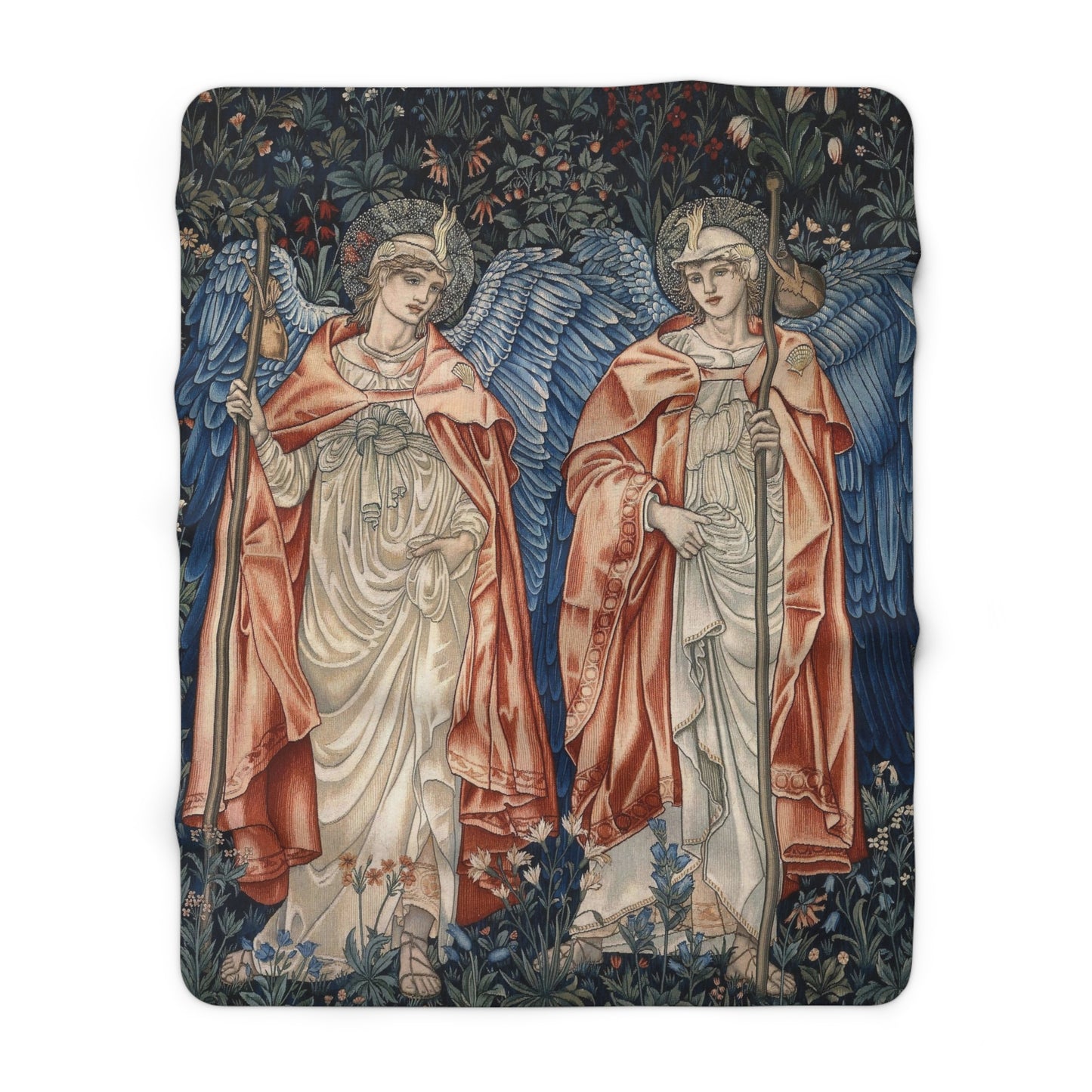 A Sherpa fleece blanket with a floral and angelic pattern inspired by William Morris' work.