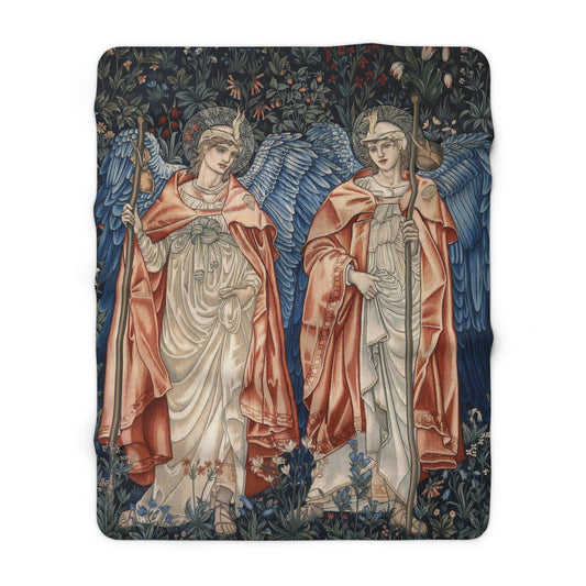 A Sherpa fleece blanket with a floral and angelic pattern inspired by William Morris' work.
