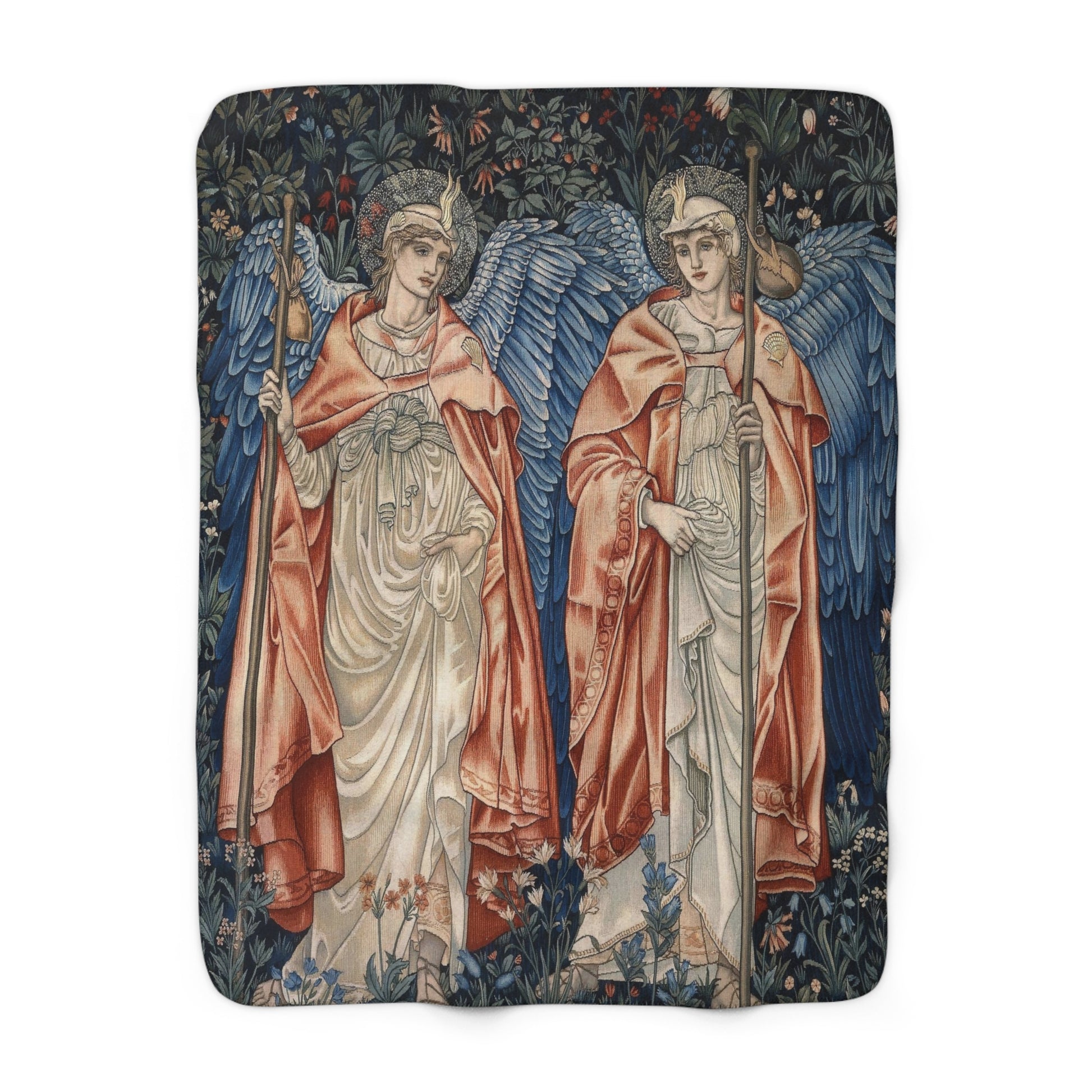 A Sherpa fleece blanket with a floral and angelic pattern inspired by William Morris' work.