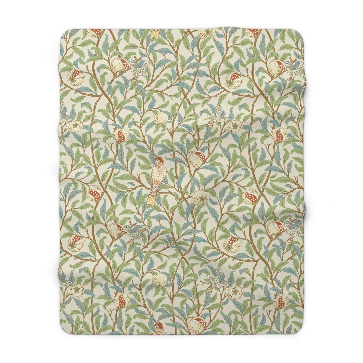 A plush fleece blanket with a floral William Morris & Co pattern featuring birds and pomegranates, predominantly in green tones.