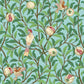A Sherpa fleece blanket with an all-over print of birds and pomegranate fruits inspired by William Morris & Co on a blue background.
