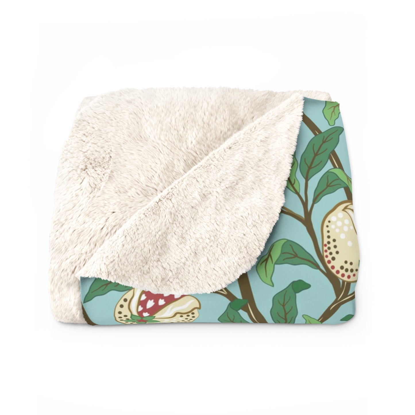 A Sherpa fleece blanket with an all-over print of birds and pomegranate fruits inspired by William Morris & Co on a blue background.
