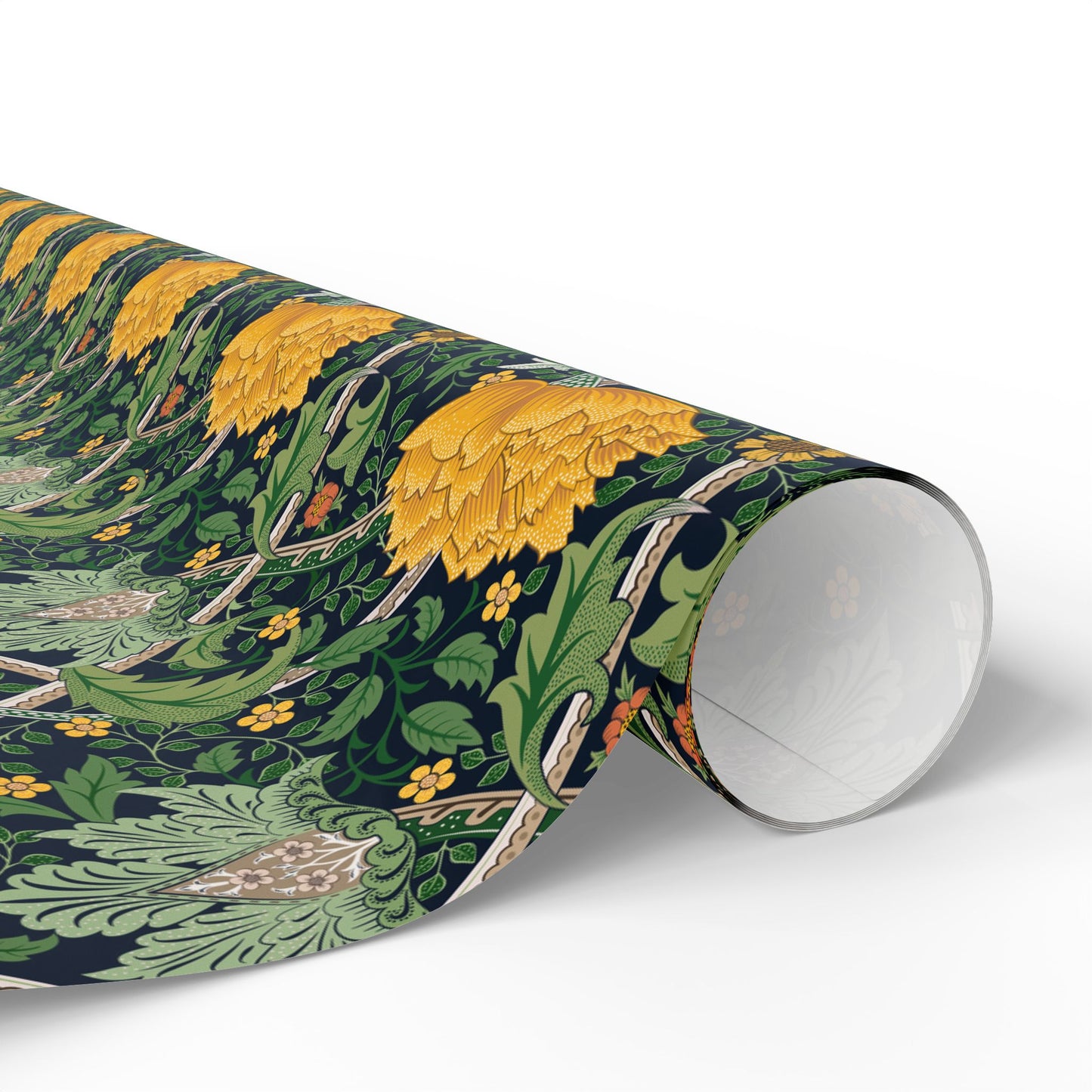Roll of decorative paper with a floral design on a white background