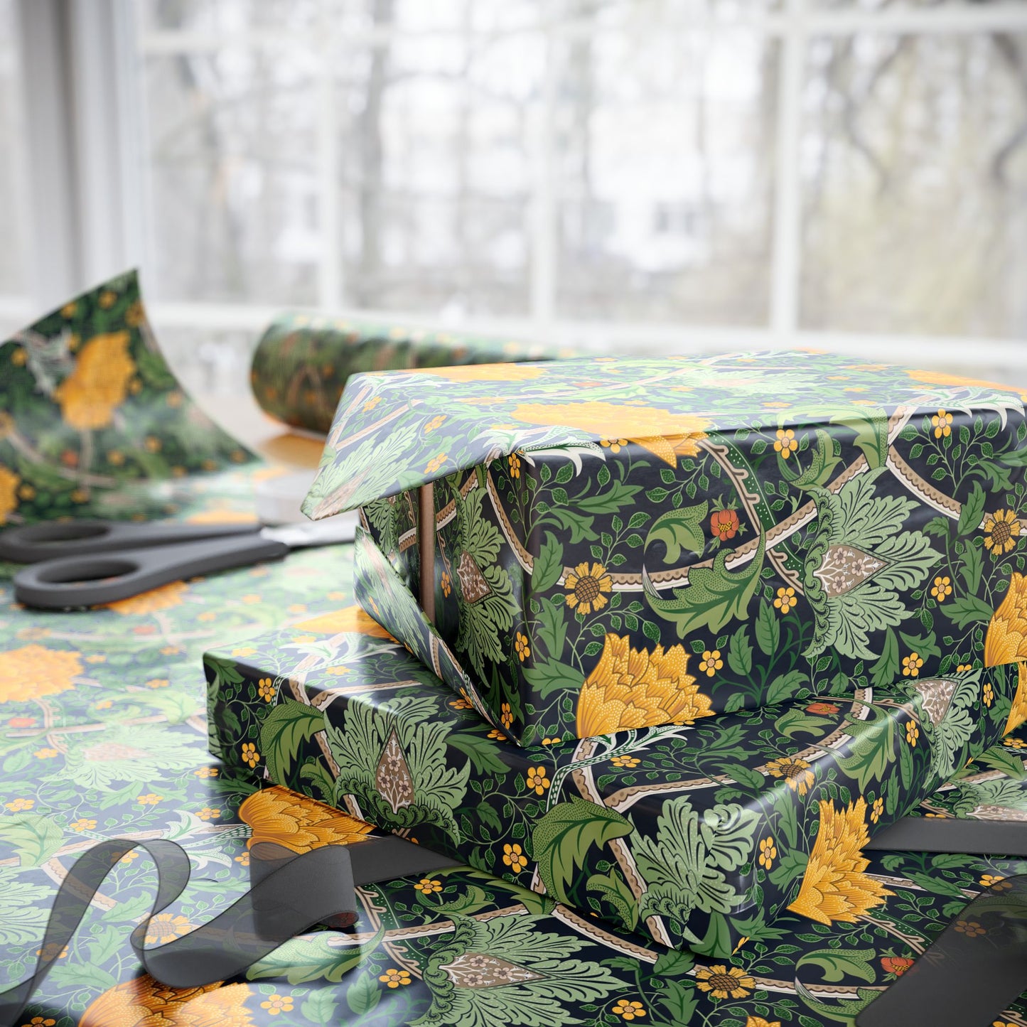 Gift boxes wrapped in floral-patterned paper with scissors on a table.