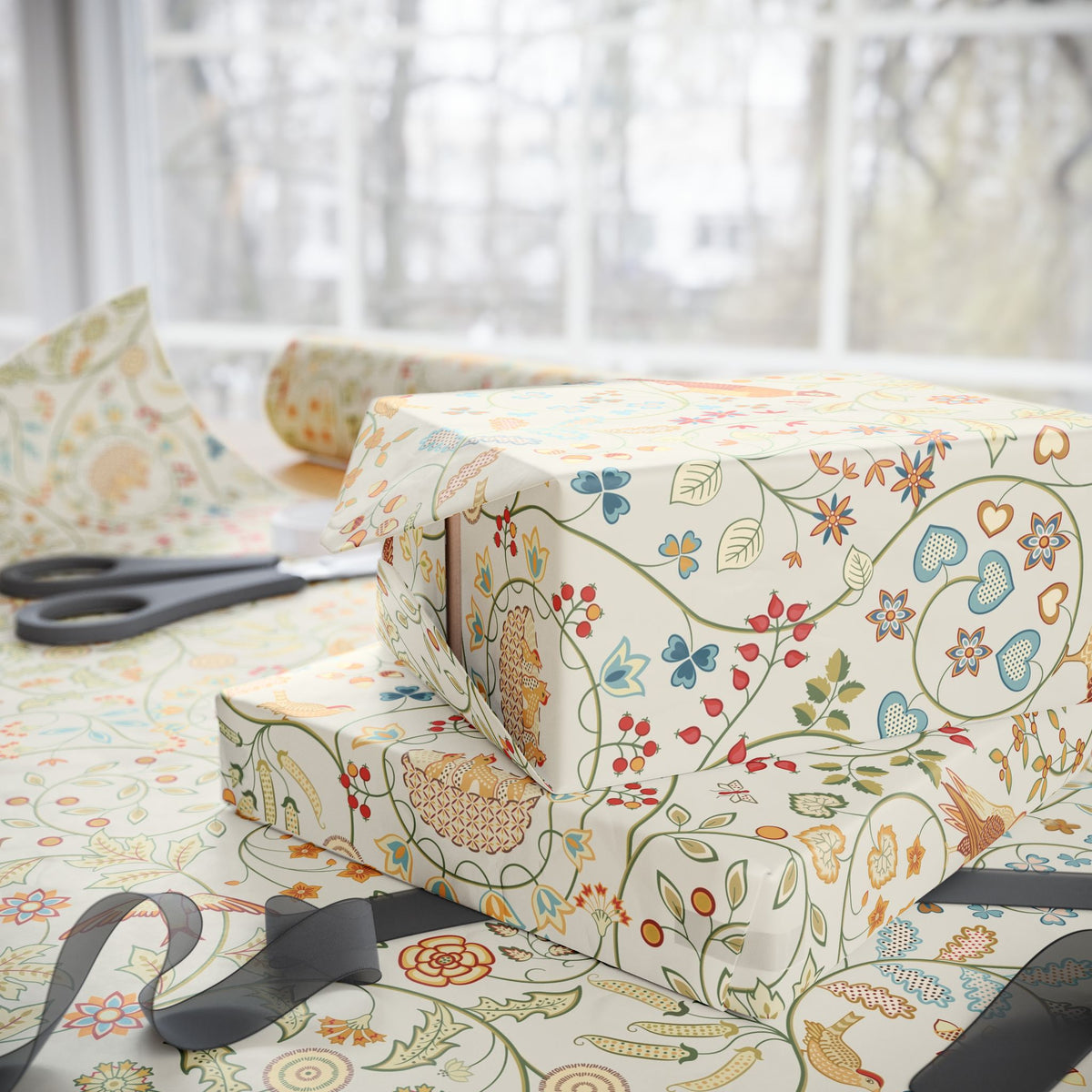 Gift box wrapped in floral patterned paper with scissors on a matching surface.
