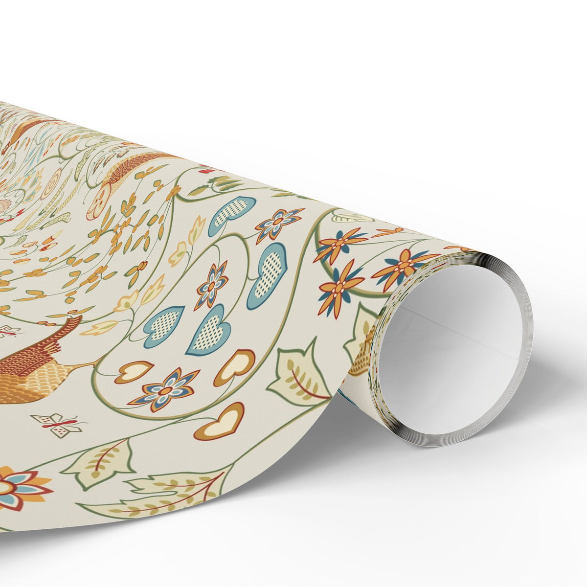 Roll of decorative paper with colorful patterns on a white background