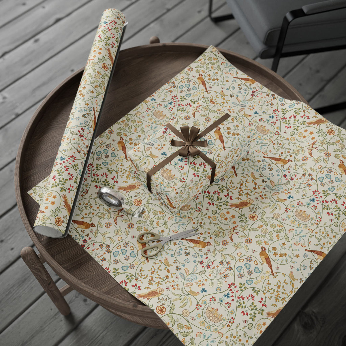 Decorative paper with bird pattern on a wooden tray